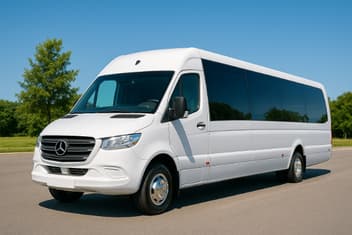 Sprinter Limo Bus - 8-15 passengers, wraparound seating, Bluetooth audio, tinted windows, LED accents, USB & 110-V power, mini fridge, high-roof cabin, privacy shades